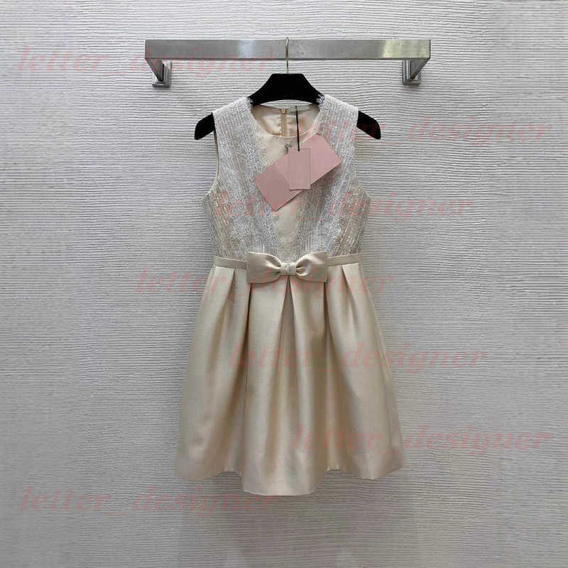 luxury Designer women's dresses brand mirror quality 2025 New Lace Patchwork Pleated Bow Sleeveless Party Dress for women
