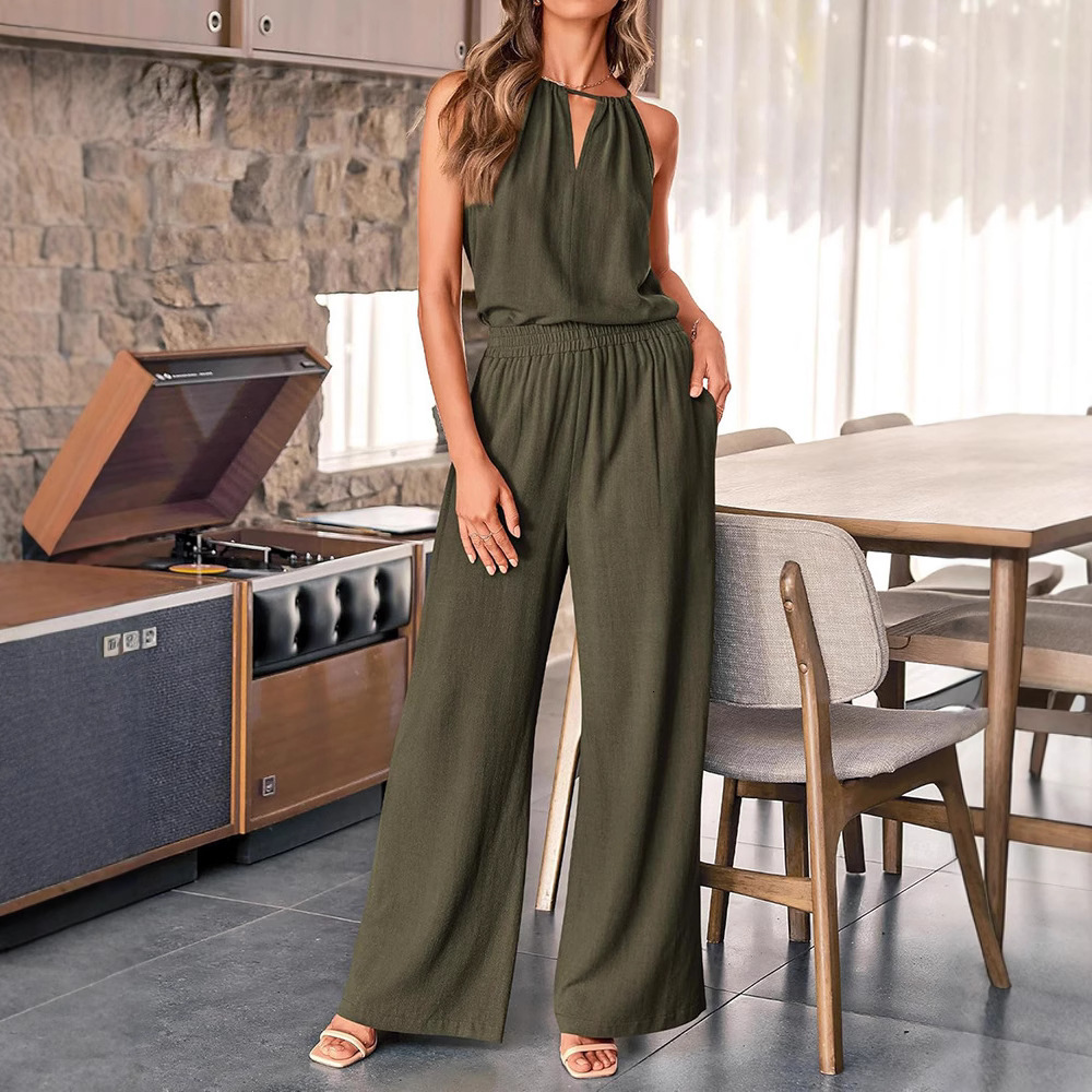 2025 Summer New Womens Hollow Out Halter Neck Sleeveless Top Wide Leg Pants Fashion Casual Set
