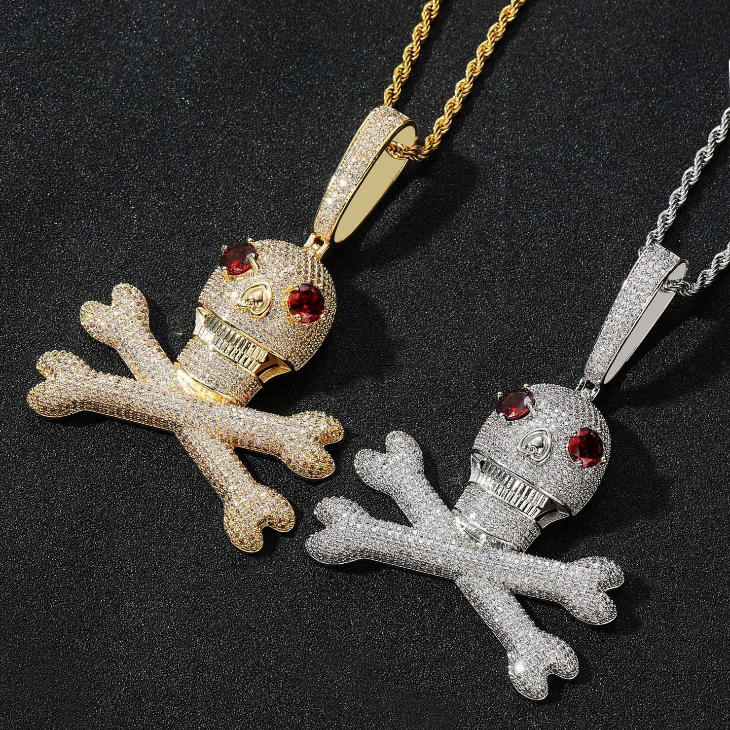 Red Eye Skull Cross Bone Pendant Necklace For Men Full Iced Out Cubic Zirconia Personalized Mens Hiphop Wolf Tide Skeleton Rapper Hip Hop Punk Rock