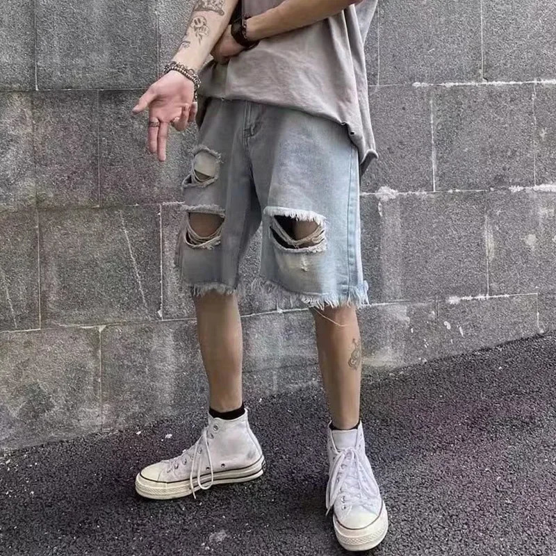 Men Vintage Hollow Out Ripped Straight Jean Short Pant For Men Streetwear Trend 2025 Spring Summer Fashion Denim Shorts 250617