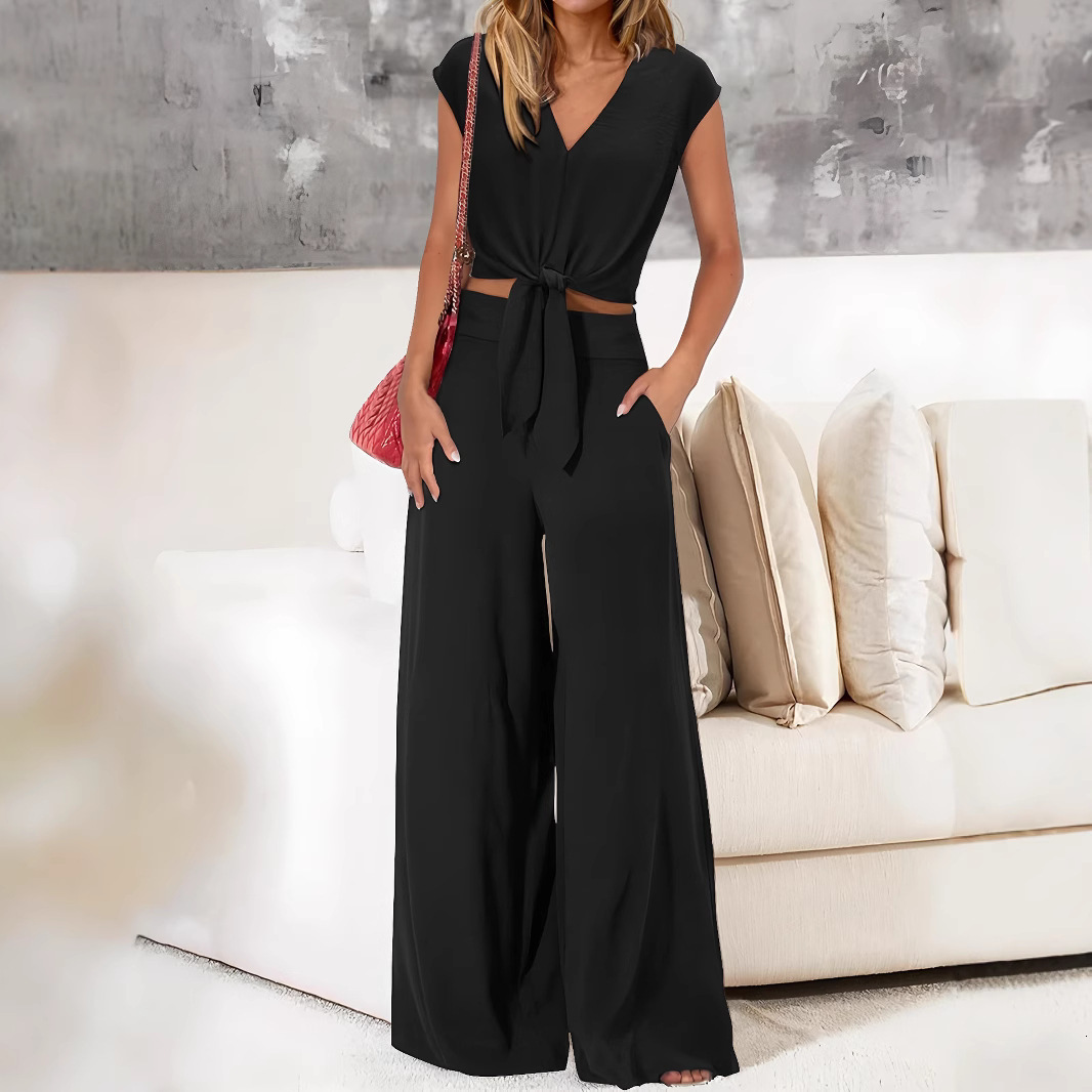 Womens clothing 2025 new summer V-neck lace up open navel wide leg pants casual fashion set