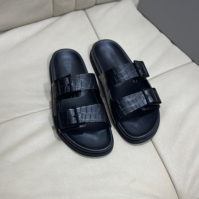 Designer Shoes For Men Double Buckled Sandal Crocodile Leather Slipper Man Embossed Slippers Crossover Slides Summer Casual 861