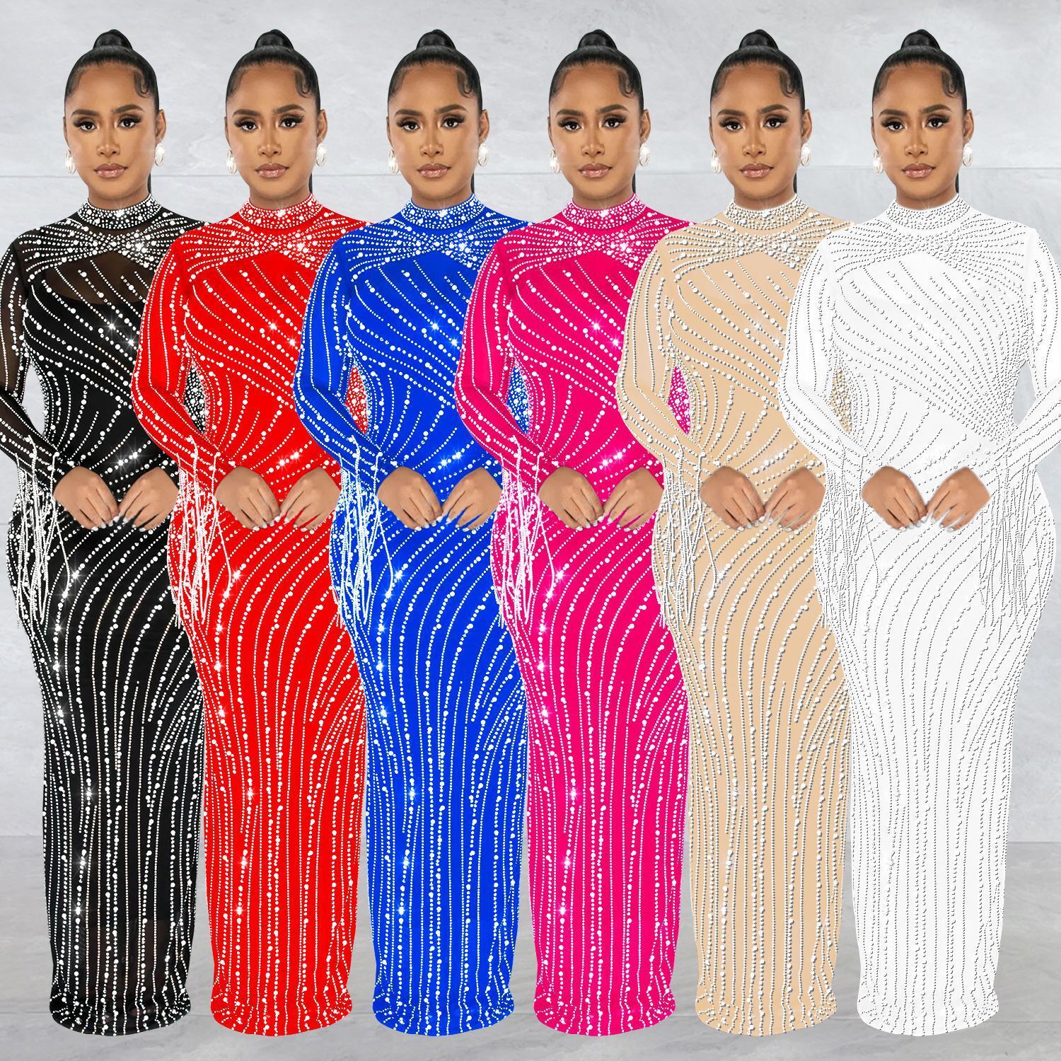 236266Fashion Womens Mesh Sheer Rhinestone Long Sleeve Dress with Inner Lining Two-Piece Set