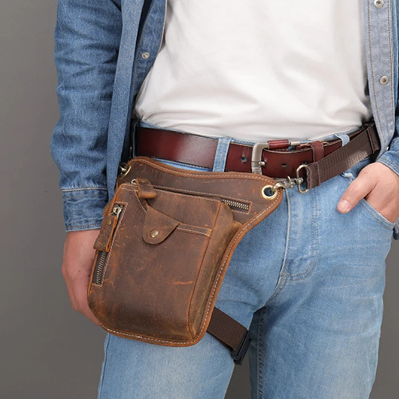 Vintage Men Waist Fanny Pack Drop Leg Cross Body Shoulder Bags for Motorcycle Rider PU Leather Male Messenger Hip Belt Thigh Bag 250618