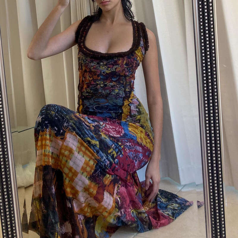 Ins Women's Fashion Summer New Tie-Dye Print Sexy U-Neck Slim Fit Long Dress B5