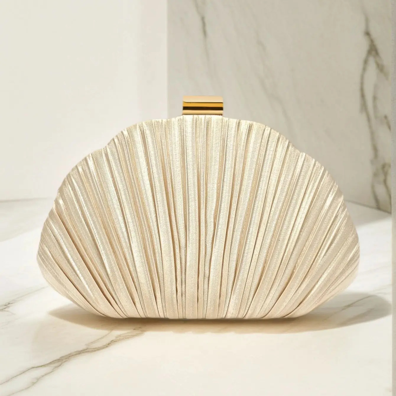 Shell Ruched Women Evening Bags Apricot Color Glitter Satin Party Dress Clutch Bags With Shoulder Chain Messenger 250617