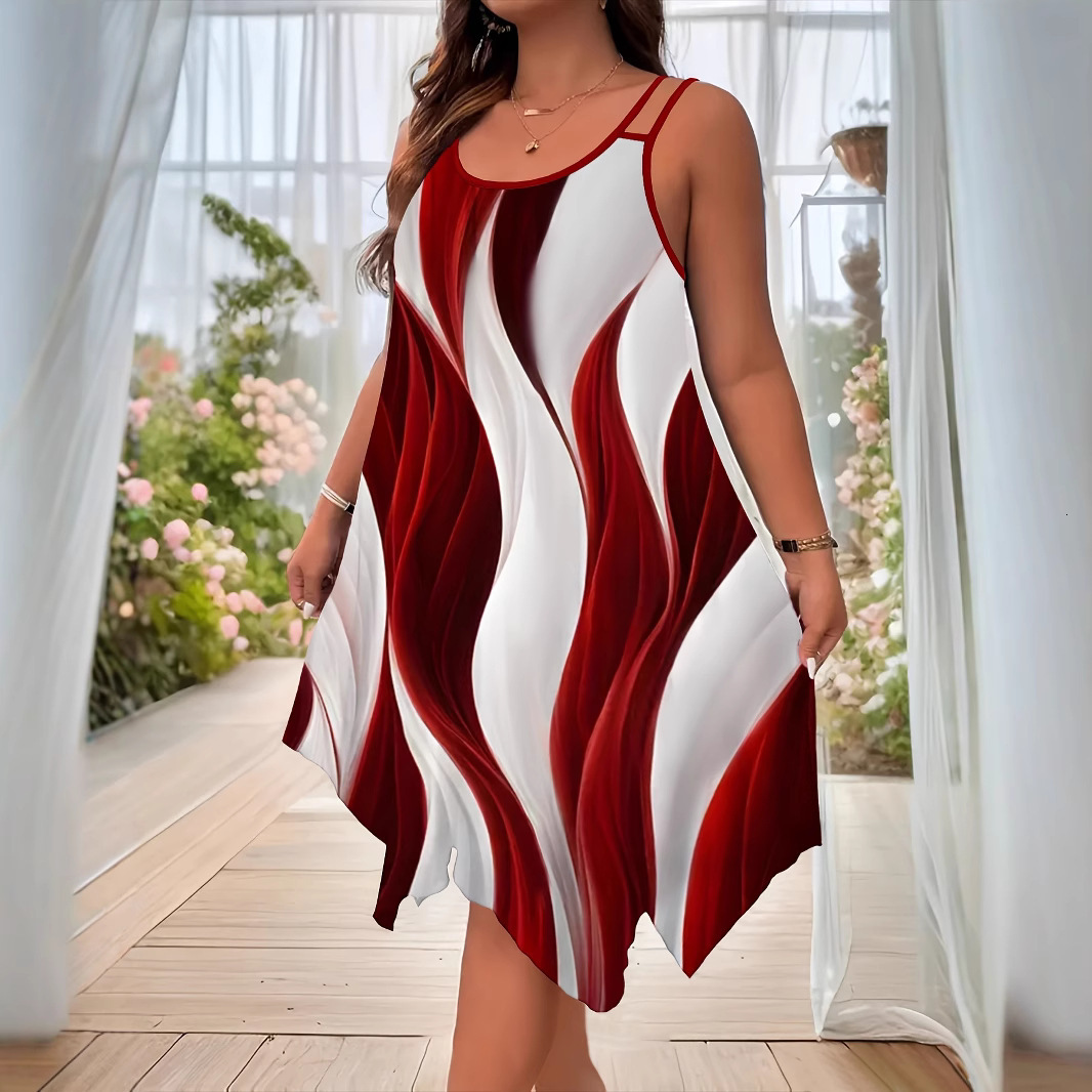 2025 New Cross-Border Summer European and American Fashion Hem Double Strap Random Print Plus Size Women's Dress