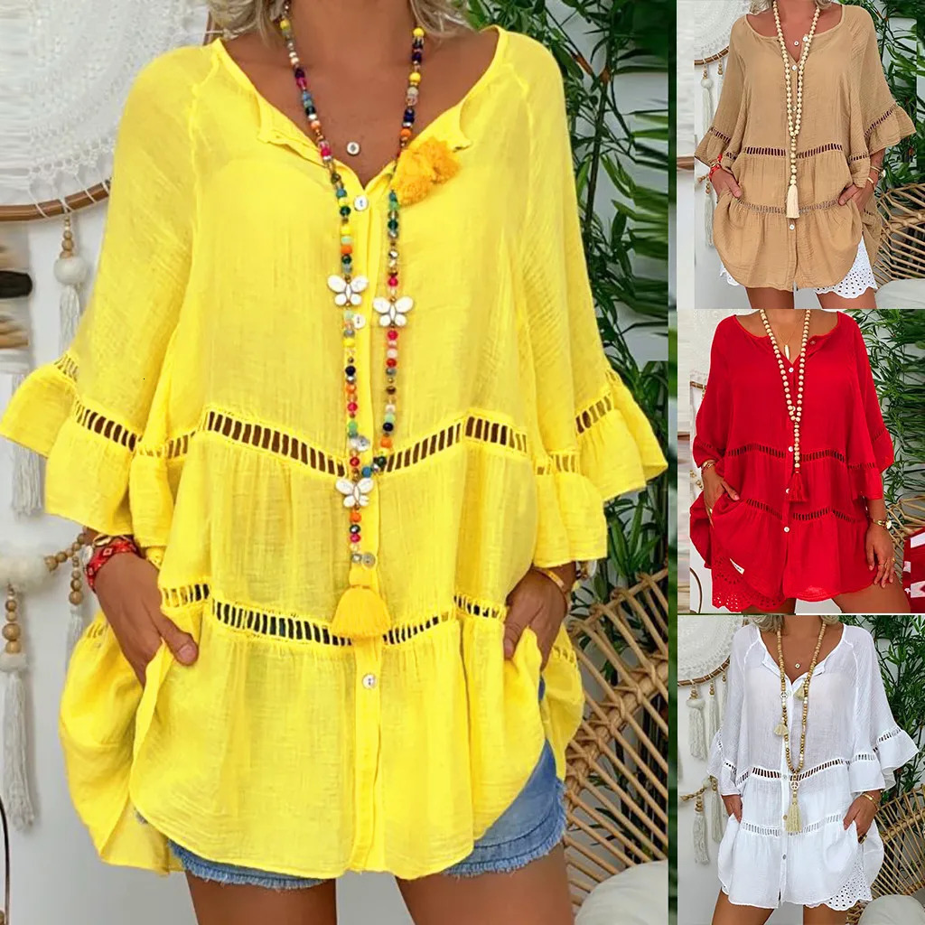 Sexy Yellow Loose Hollow Out Dress Summer V Neck Long Sleeve Cotton Linen Baggy Party Dresses Oversized S-5XL ARJ-138Y 250614