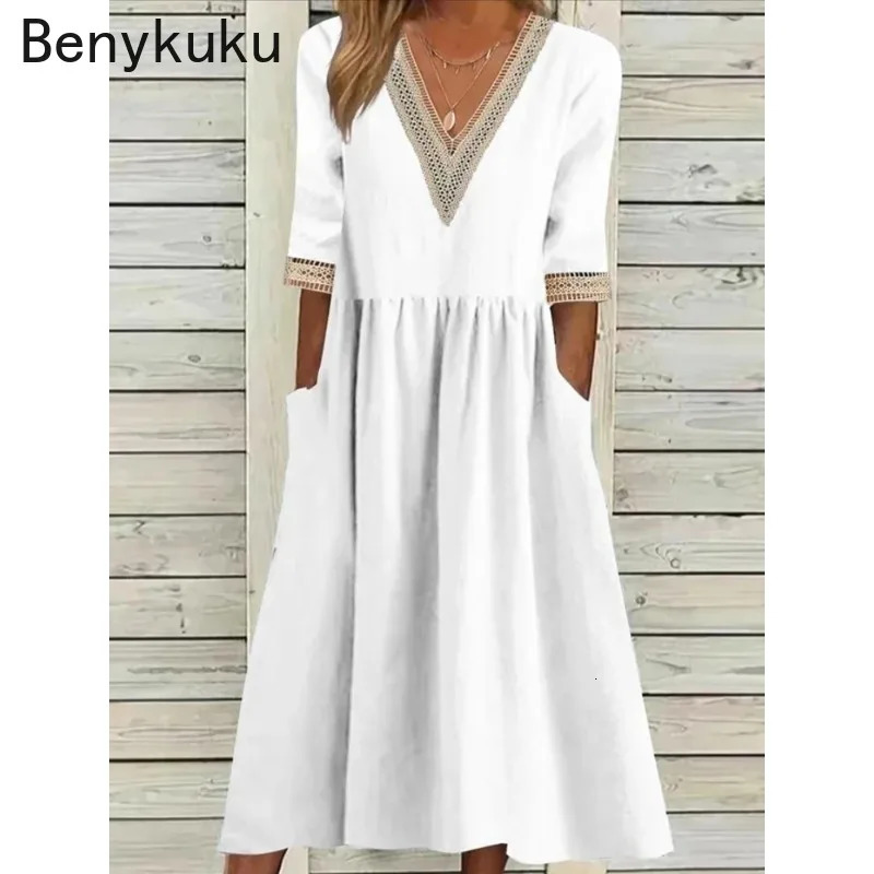 Half Sleeve V Neck Cotton Linen Dress for Women Summer Robe Casual Dresses Chic Vintage Spliced Loose Midi Vestidos 250614