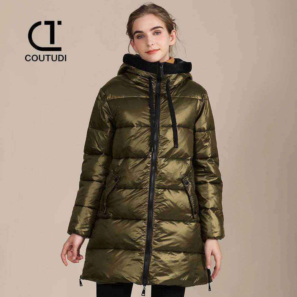 COUTUDI-Long Down Jacket for Women, Zipper Pocket, Hooded, Casual, Long Sleeve Parkas, Thick, Warm Coat, Winter Fashion, New