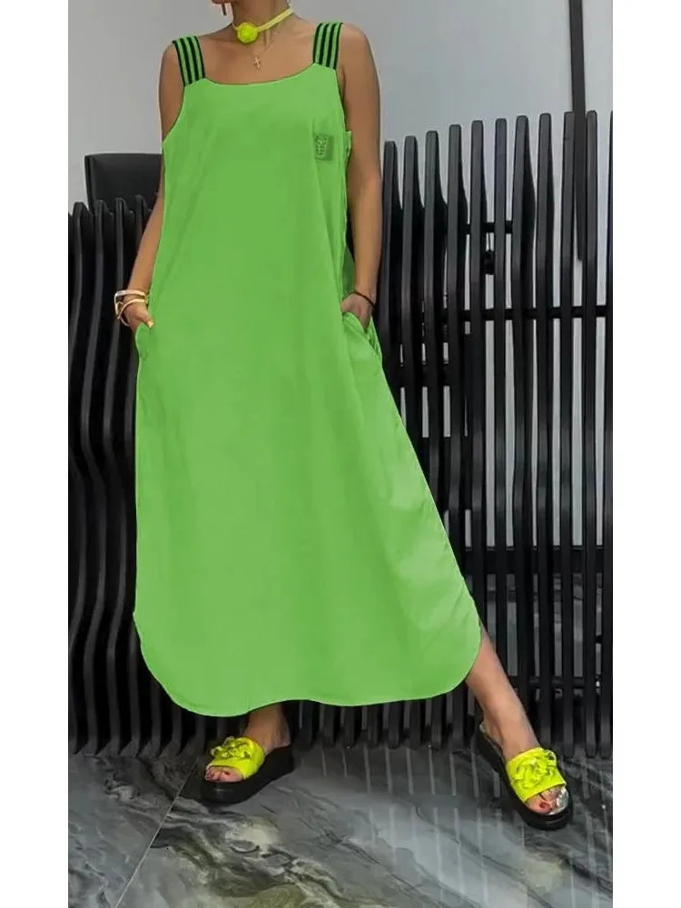 Summer Fashion Solid Cotton Linen Dresses Women Sexy Square Neck Sleeveless Suspender Slit Long Dress Casual Loose Dress Woman 250614