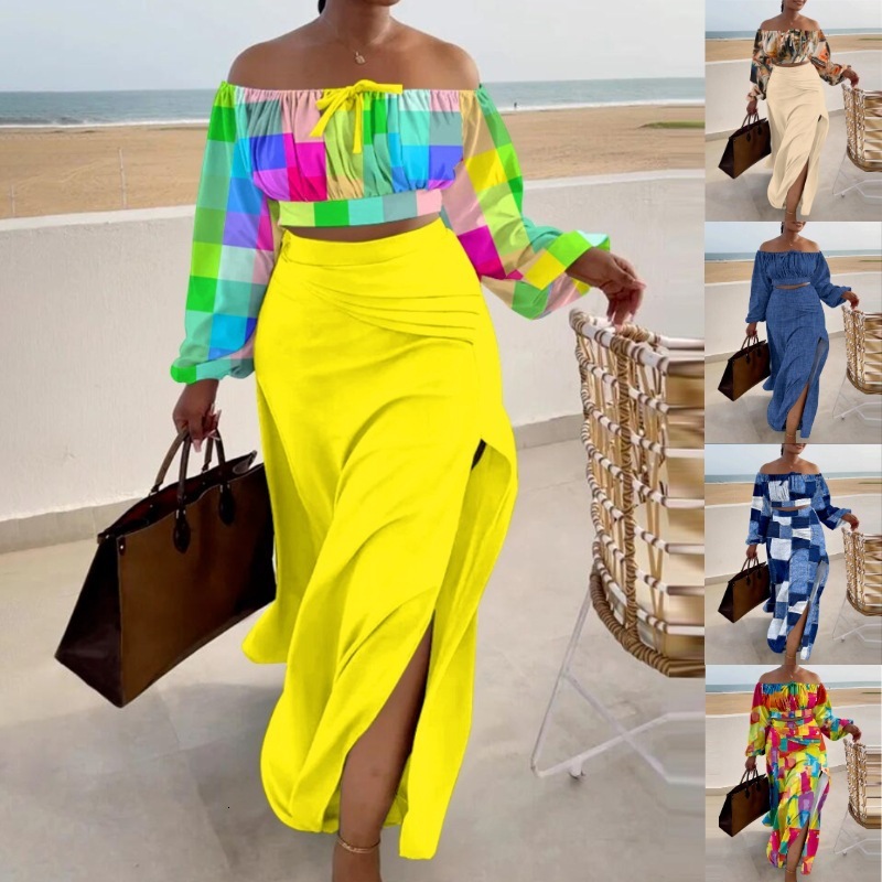 Womens Fashion 2025 New Off-Shoulder Top with Split Dress Two-Piece Set