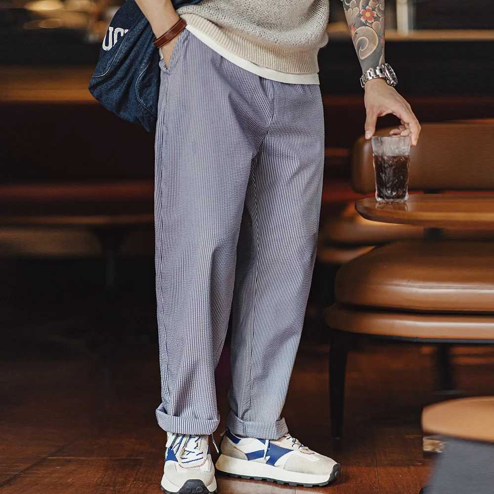 Maden Mens Easypants Seersucker Striped Casual Pants with Elastic Waist Drawstring Design Iron-free Straight Spring Trousers XJ250618