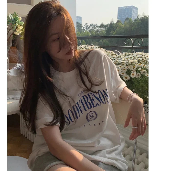 Korean Letter Printed Pure Cotton Short Sleeve T-shirt Womens Summer Loose Slim Round Neck T Shirt Oversized Tops 250616