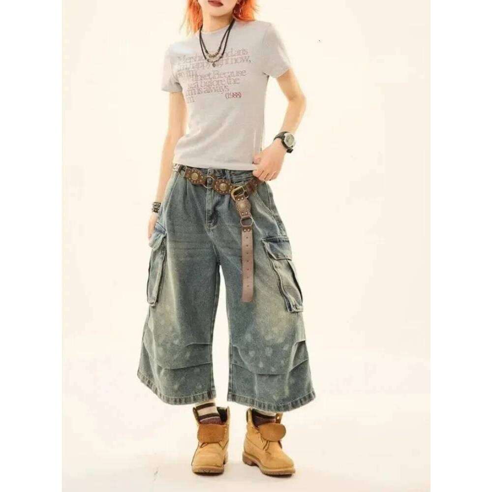 Designer Clothing 2025 American Street Washed Blue Denim Shorts Y2k E-Girl High Waist Loose Wide Leg Jeans 2025 New Multiple Straight Knee-Length Pa