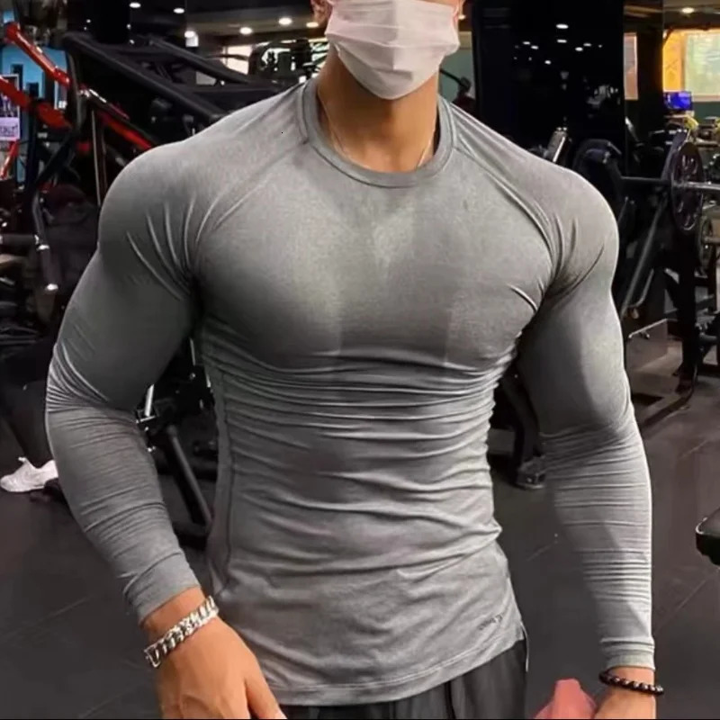 Solid Color T Shirt Mens Slim Long Sleeve Athletic Workout Tops O-Neck Breathable Base Shirt Athletic Workout Clothes 250618