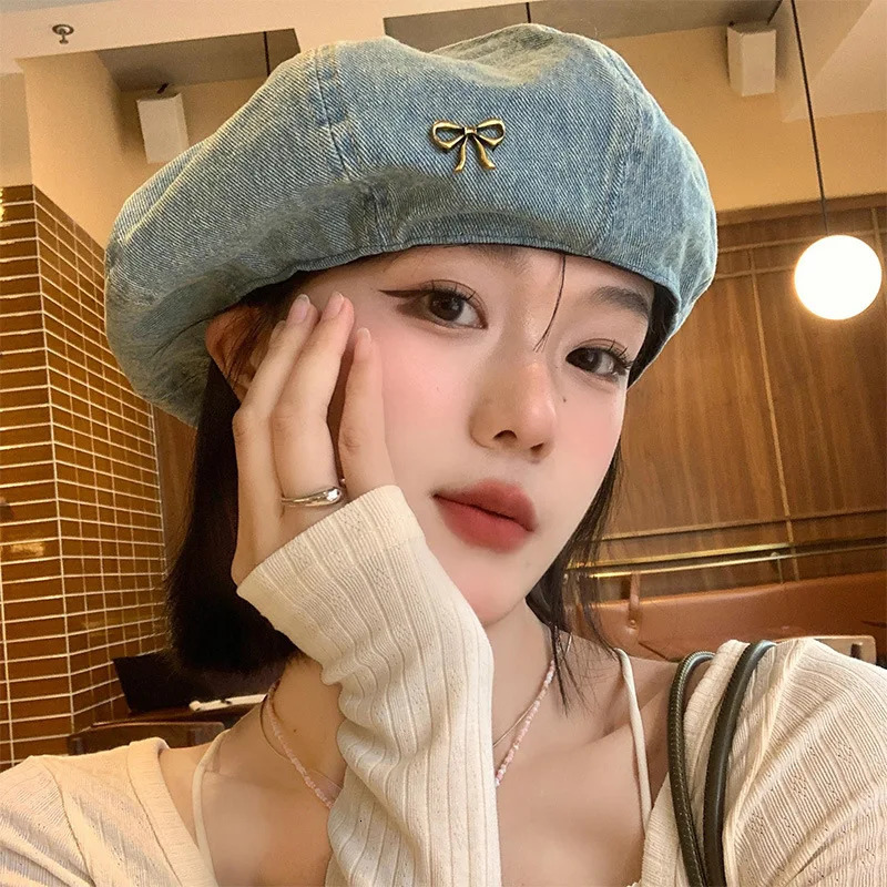 Bow Washed Denim Light Blue Beret Womens Spring and Autumn Korean Version Versatile Hat Cloud Bud Octagonal Hat Trend 250618