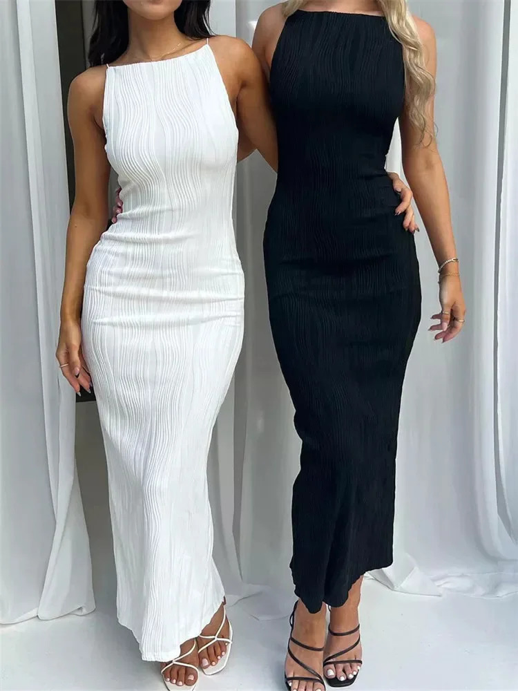 Sexy Women Long Dress Ruched Sleeveless Slim Solid Summer Party Back Split Dress Clubwear Female Vestido Outfits250616
