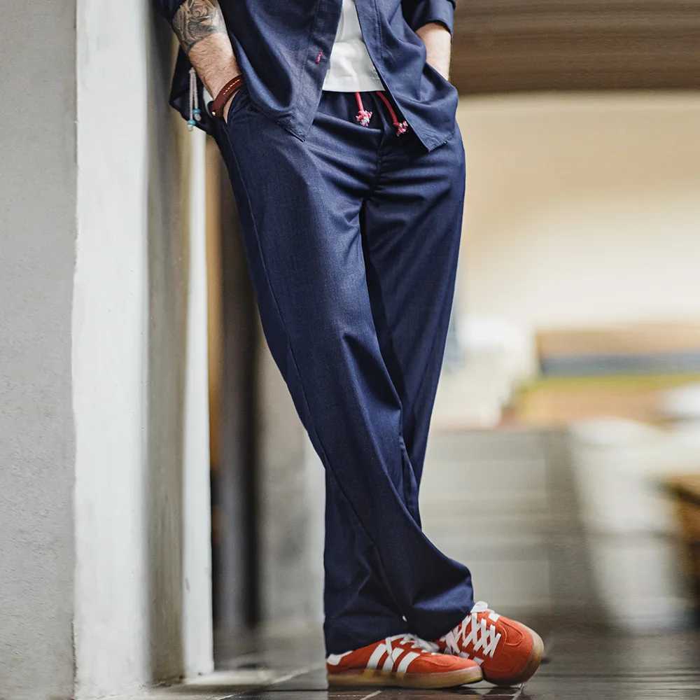 Maden Vintage Mens Loose Casual Straight Denim Pants Mid-Waist Breathable Long Trousers with Elastic Waist Solid Color PantsXJ250618