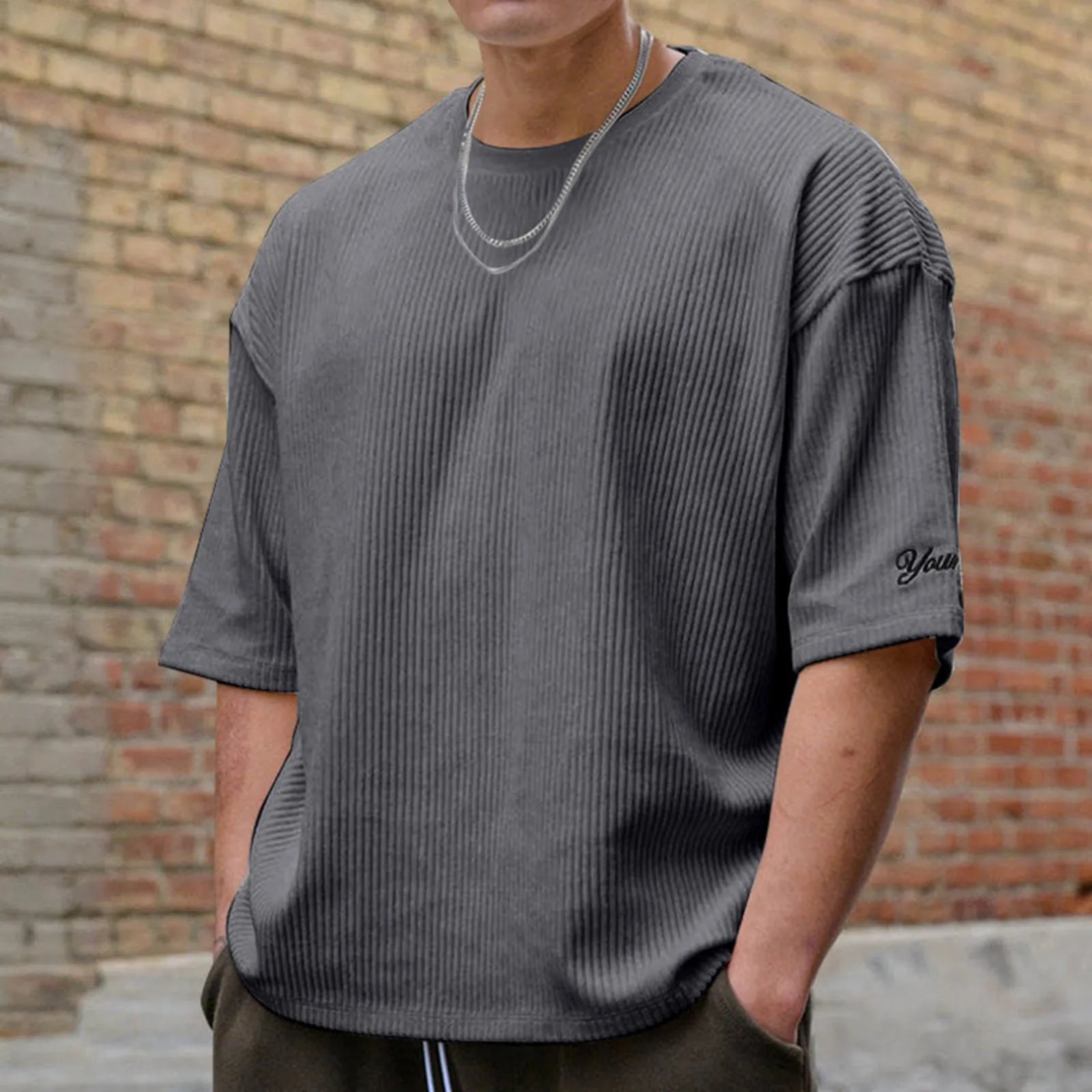Mens Corduroy casual Loose T Shirt Summer Crewneck Cotton Running Short Sleeve T Shirts for Men Lightweight And Breathable 250614