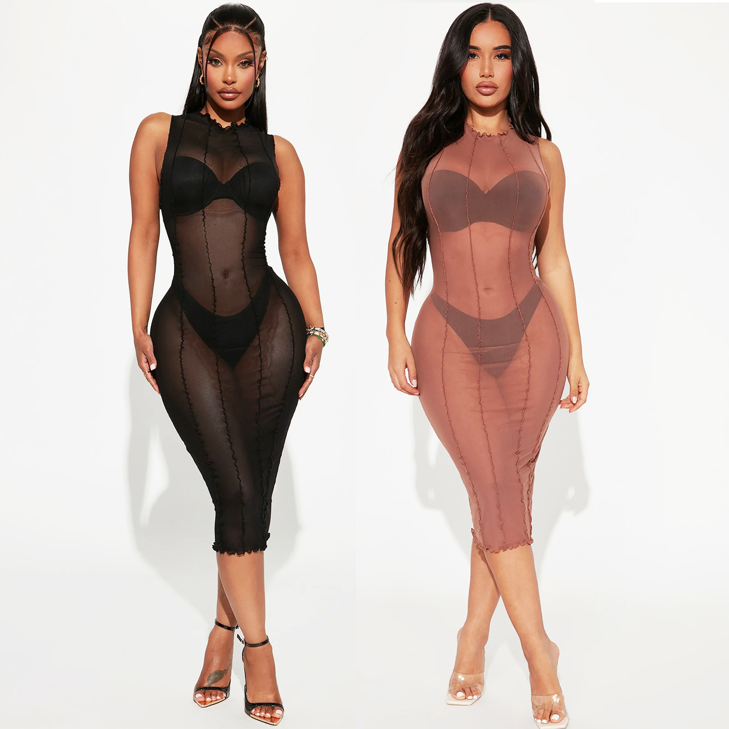 Z2039 new summer womens dress sexy mesh perspective stitching sleeveless dress women
