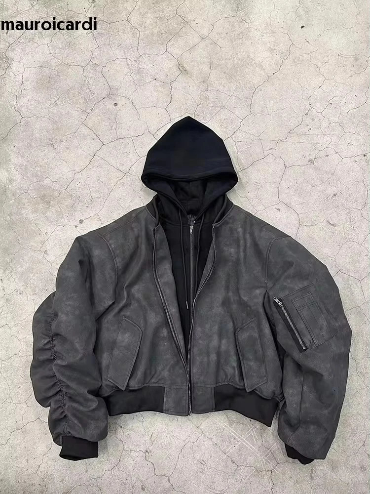 Mauroicardi Spring Oversized Vintage Black Faux Suede Leather jacket Men Zipper 2 Piece er Clothes Hoodie 250617