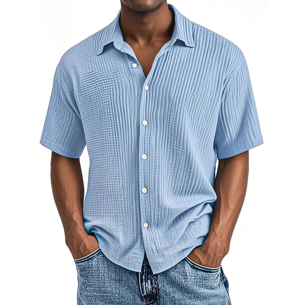 2025-Spring and Summer Mens Short Sleeve Turn-down Collar Shirt Double-layer Wrinkled Fabric Casual Shirt