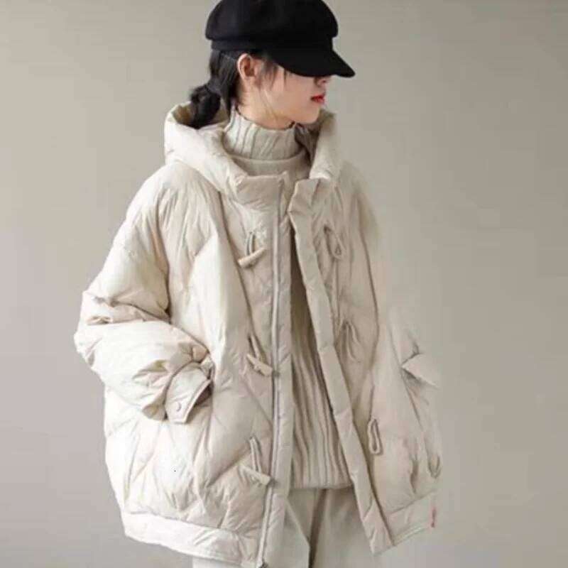 Women's Winter Puffer Coats, Thick Loose Warm Hooded Outerwear, Horn Buckle, High Street Down Jacket, New Fashion, 2024