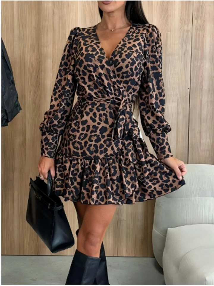 Womens Leopard Printed Dresses V-Neck Lace Up Bubble Long Sleeved Sexy Dress Elegant Dating Autumn Mini Dress250616