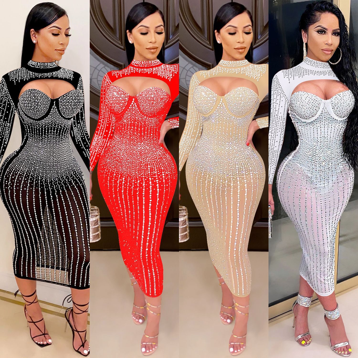 ZK5842 New Womens Party Nightclub Mesh Perspective Hot Diamond Embedding Diamonds Sling Dress