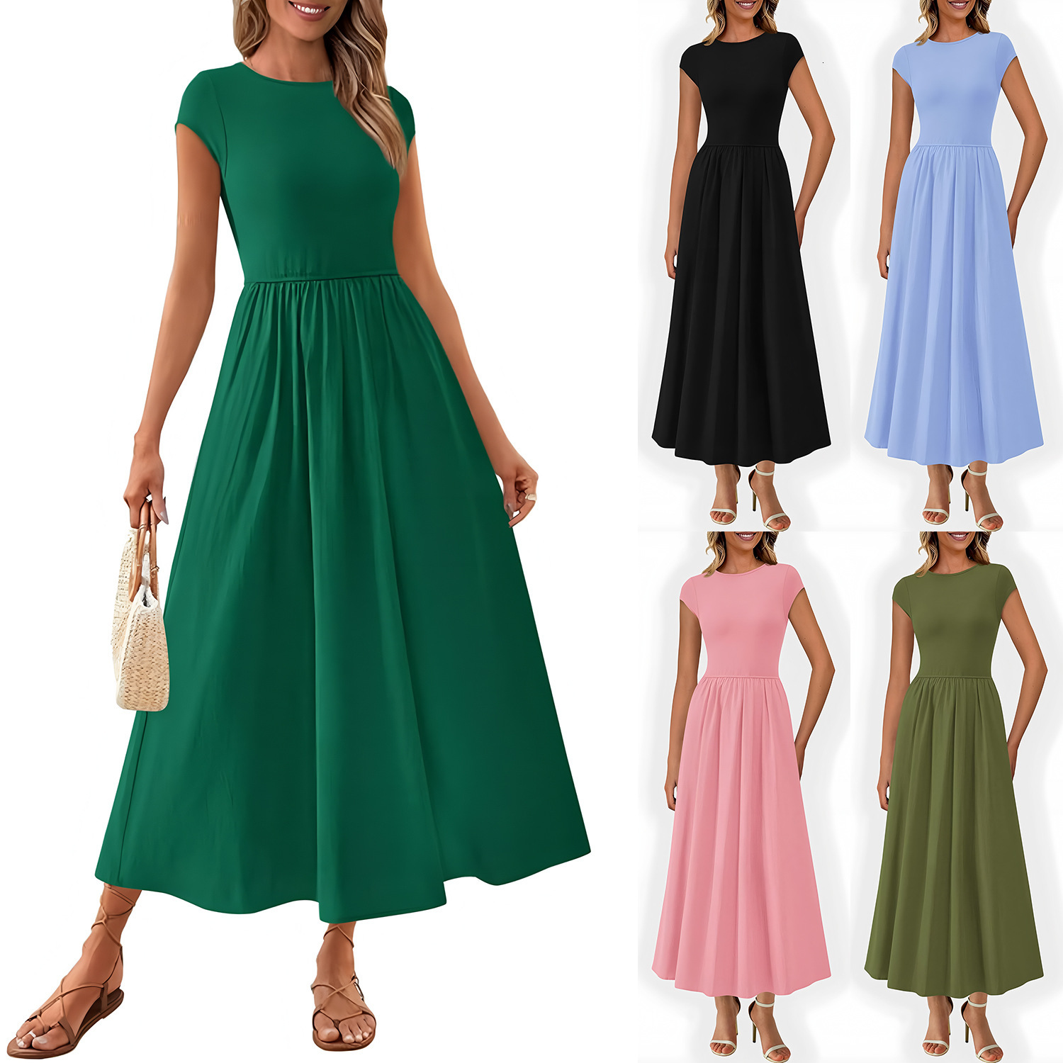 2025 Summer New Casual Long Dress Womens Beach Vacation Style Dress with Cap Sleeves and Patchwork A-line