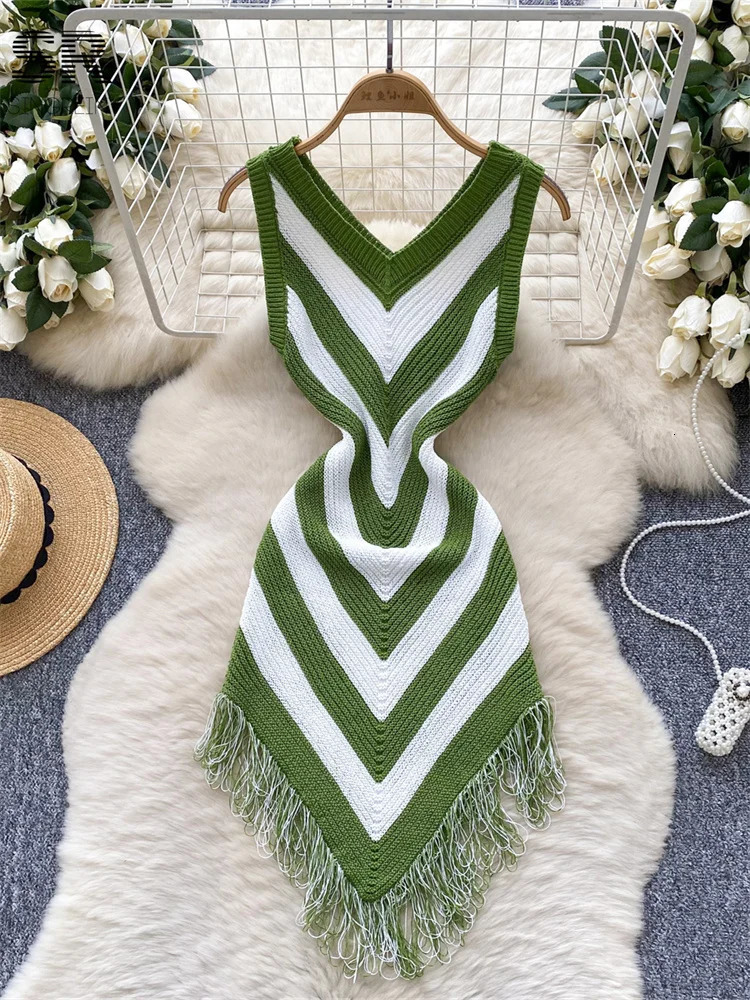 SINGREINY Summer Argyle Pattern Knitted Dress Sleeveless 2025 Fashion Irregular Woman Vintage Multicolor Tassel Vacation Dresses 250618