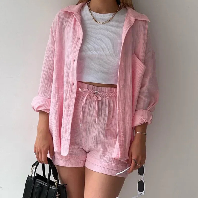 Summer Womens Two Piece Casual Long Sleeve Short Sets Fashion Button Outfits Suit Solid Pleated Two Piece Set For Women 250614