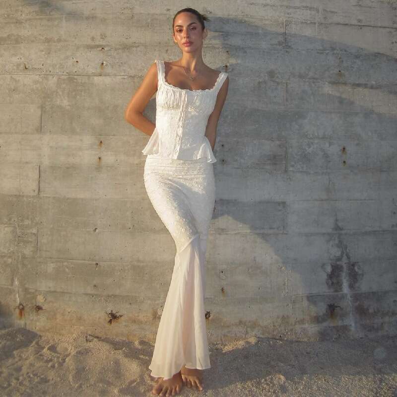Summer New INS Style Elegant Square Neck Lace Trim Top High Waist Slim Fit Slimming Fishtail Skirt Set For Women B5