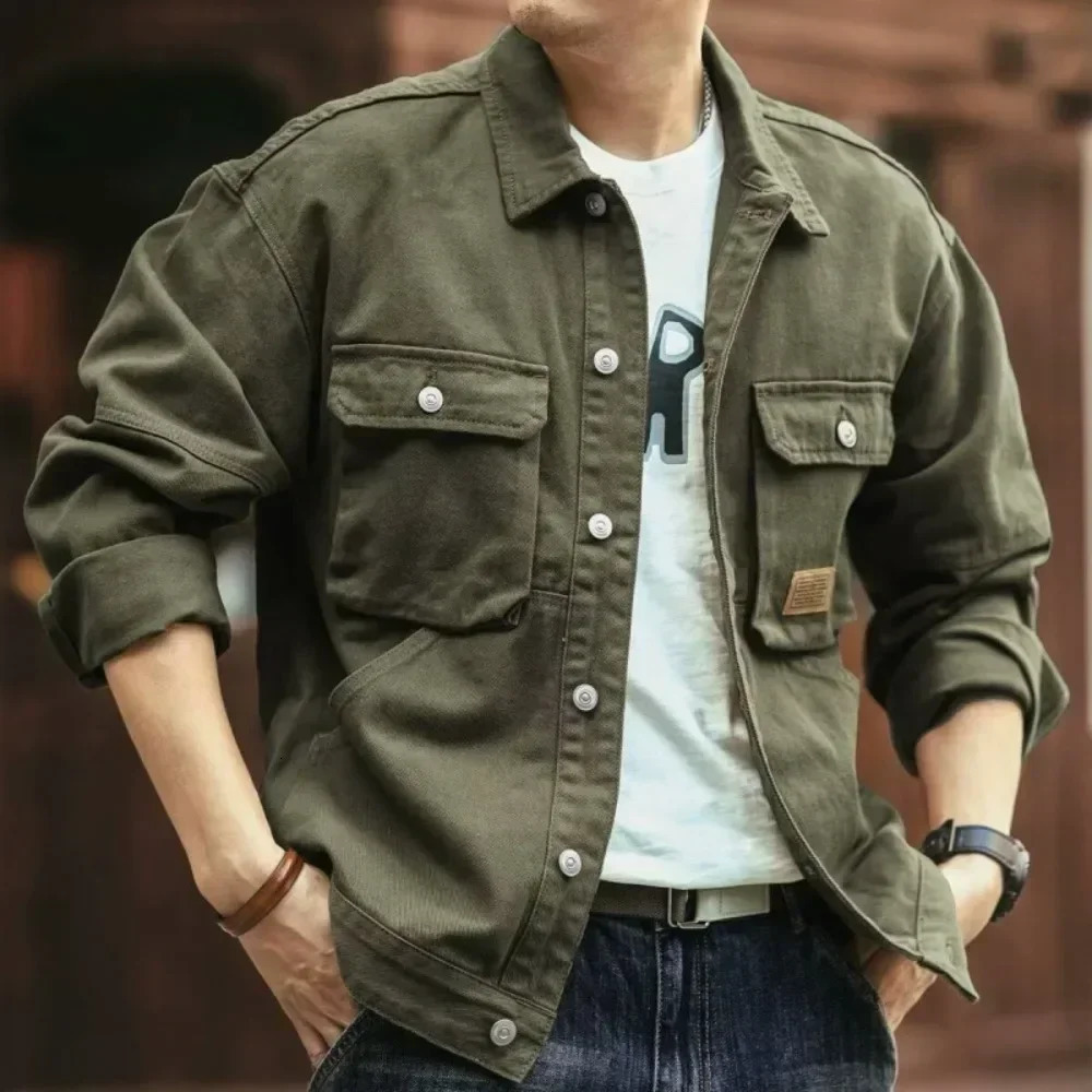 Spring and Autumn Fashion Trend Solid Color Cargo Jacket Mens Casual Loose Comfortable High Quality Plus-Size Denim Coat 250614