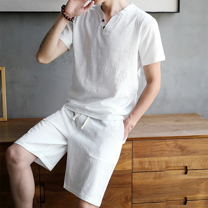 Cotton Set Mens T-shirt Short-sleeved Summer Youth Solid Color V-neck Base Shirt Short-sleeved Set 250614
