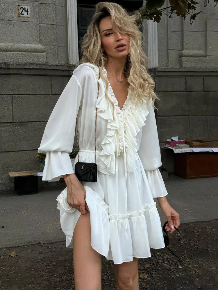 Tossy Ruffled V-Neck White Mini Dress Female Patchwork Long Sleeve Elegant Bandage Fashion Dress High Waist Lace-Up Women Dress250616