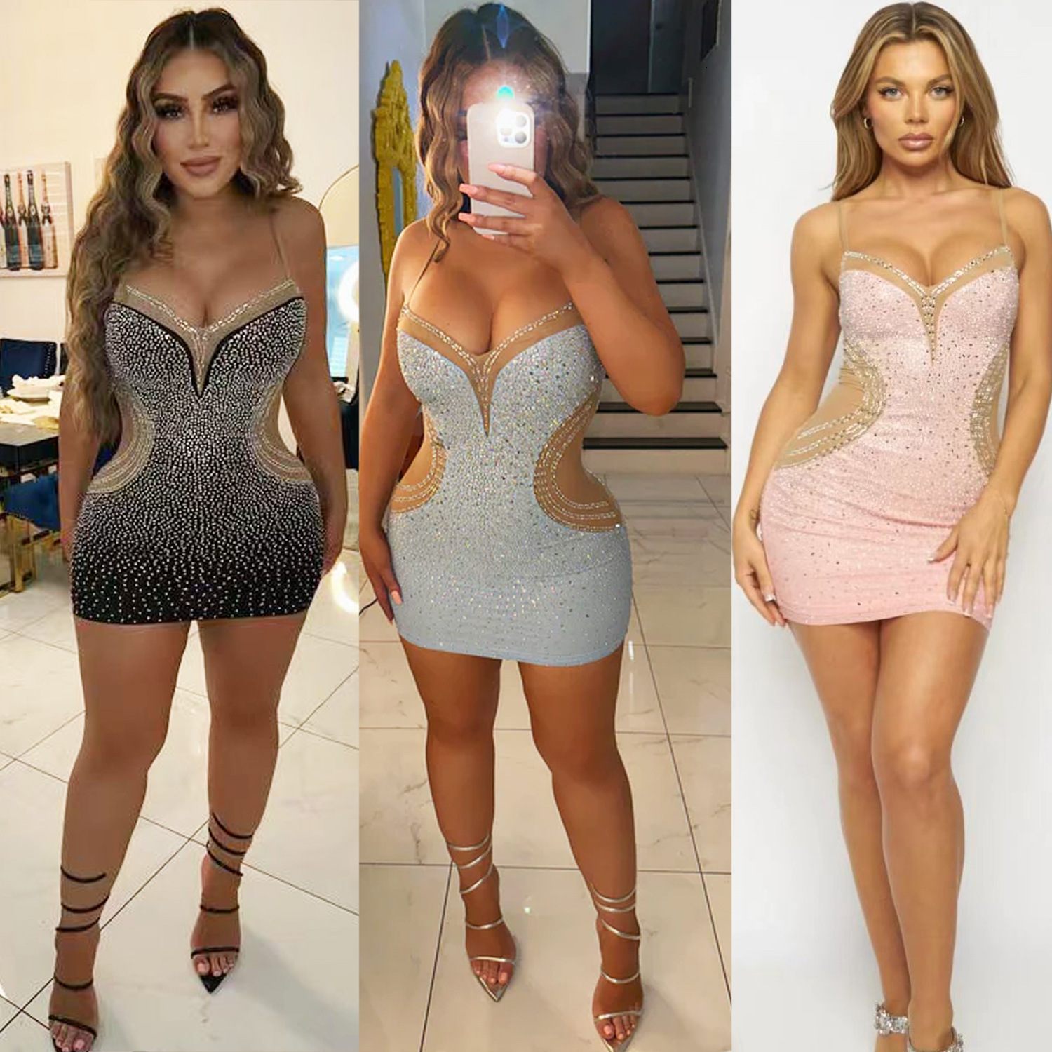 Z2102 Autumn Winter New Womens Sexy V-neck Mesh Rhinestone Patchwork Strap Dress