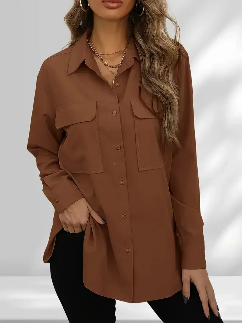 Plus Size 1Xl-5XL Womens Fashion Blouse Womens Solid Button Up Long Sleeve Turn Down Collar Blouse Pockets 250616