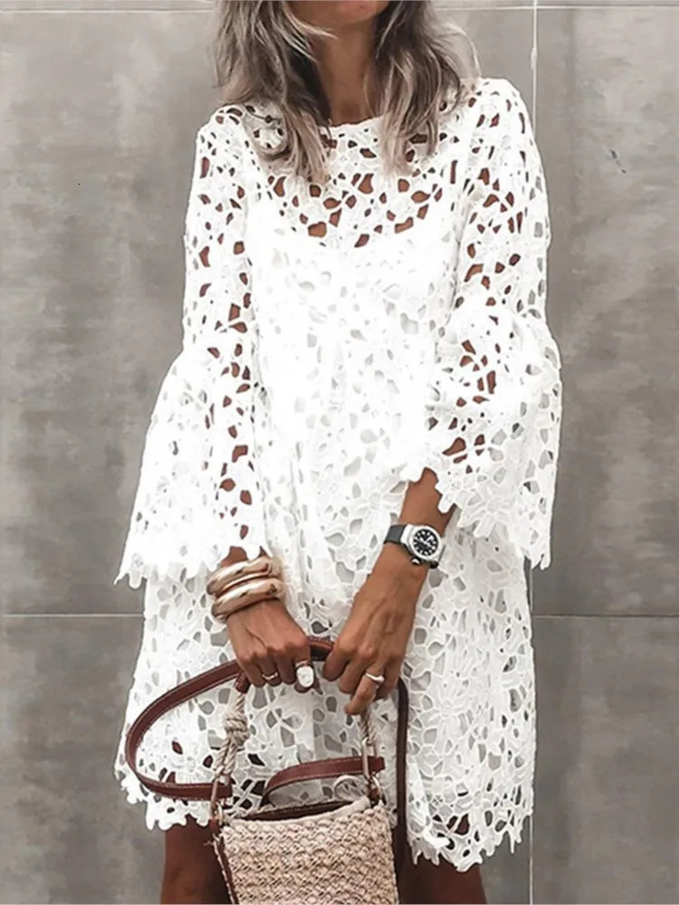 Autumn Womens Solid Color Dress Ethnic Style Sexy Lace Hollow Flower Temperament Elegant Casual Long Sleeved Knee Length Dress250616