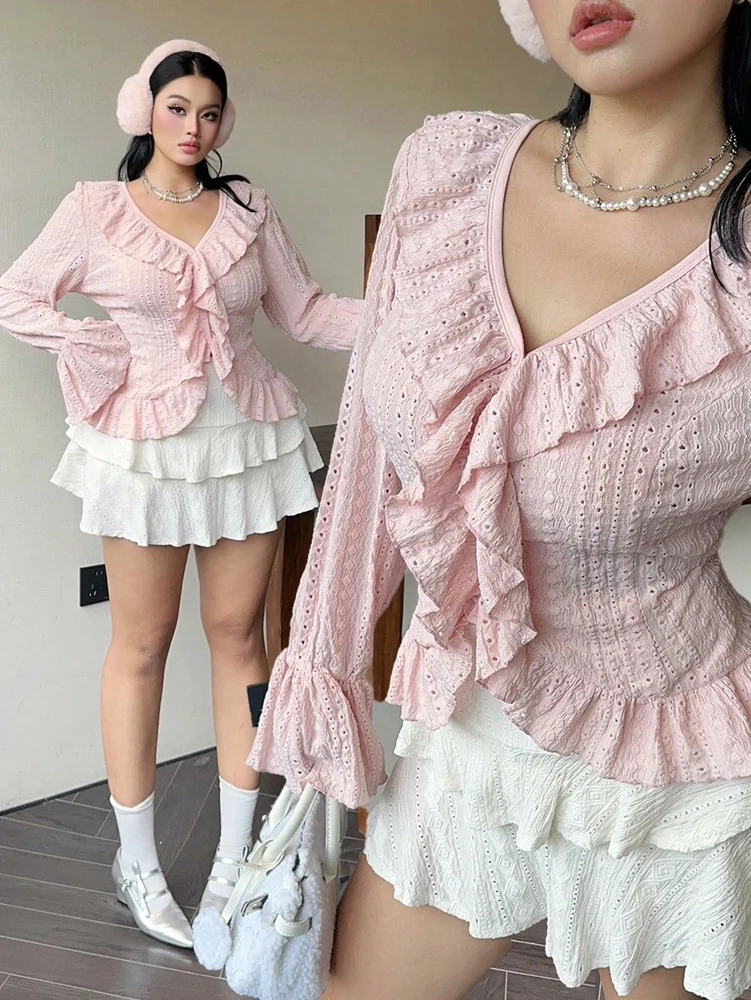 Plus Size Womens Elegant French Ruffle Flared Sleeve Womens Blouse Pink V-Neck Bubble Sleeve Sweetheart 250616