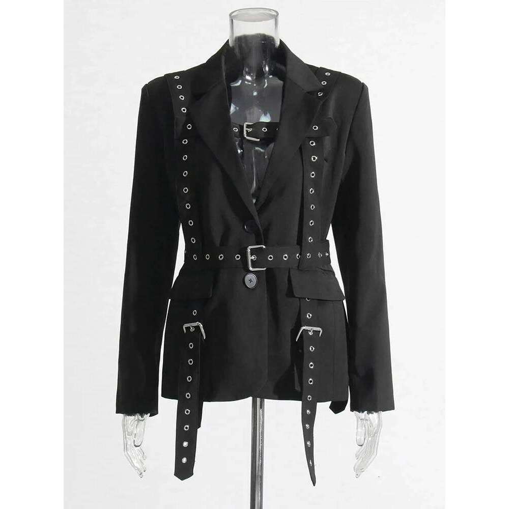 Designer Clothing 2025 Streetwear Spliced Belt Two Piece Set For Women Notched Collar Long Sleeve Blazer High Waist Skirt Chic Sets Female
