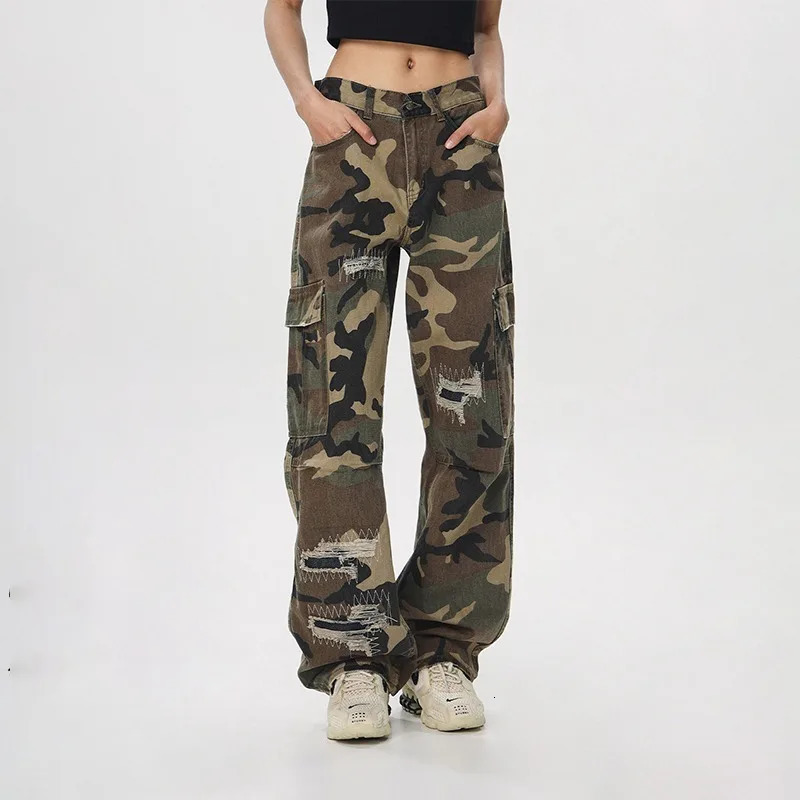 retro old ripped loose work pants for men and women camouflage pants straight and light-flaring wide-leg pants Y2K Street Wear 250617