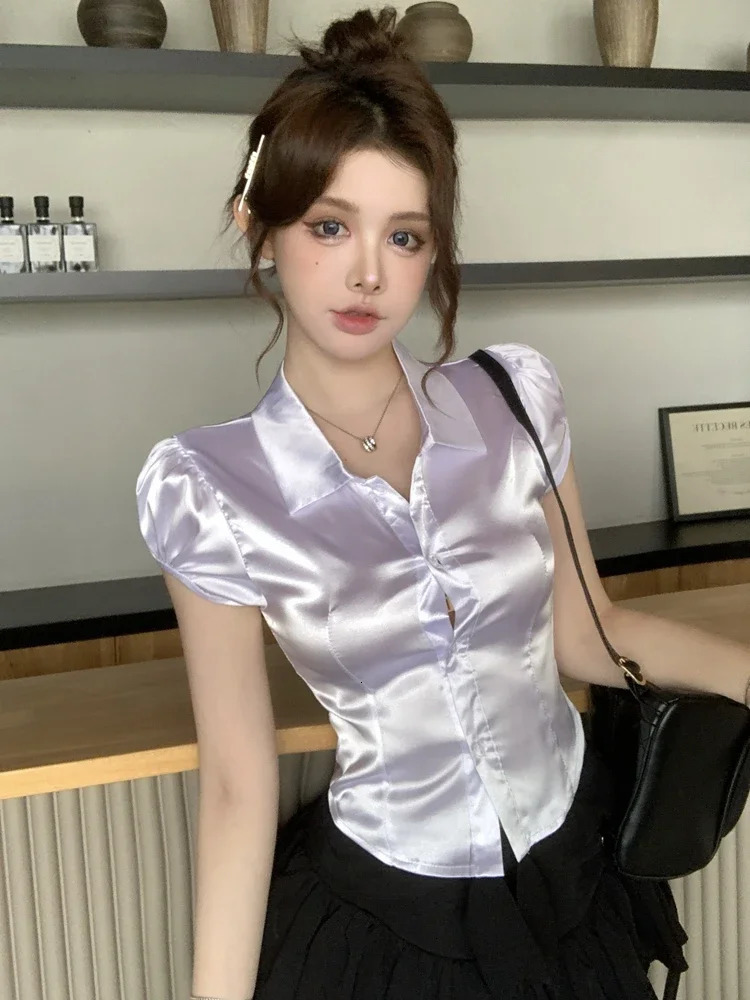 Summer Sexy Silk Shirts Women 2025 Korean Fashion Clothes Short Sleeve Button Up Ladies White Puff Sleeve Crop Tops and Blouses 250619