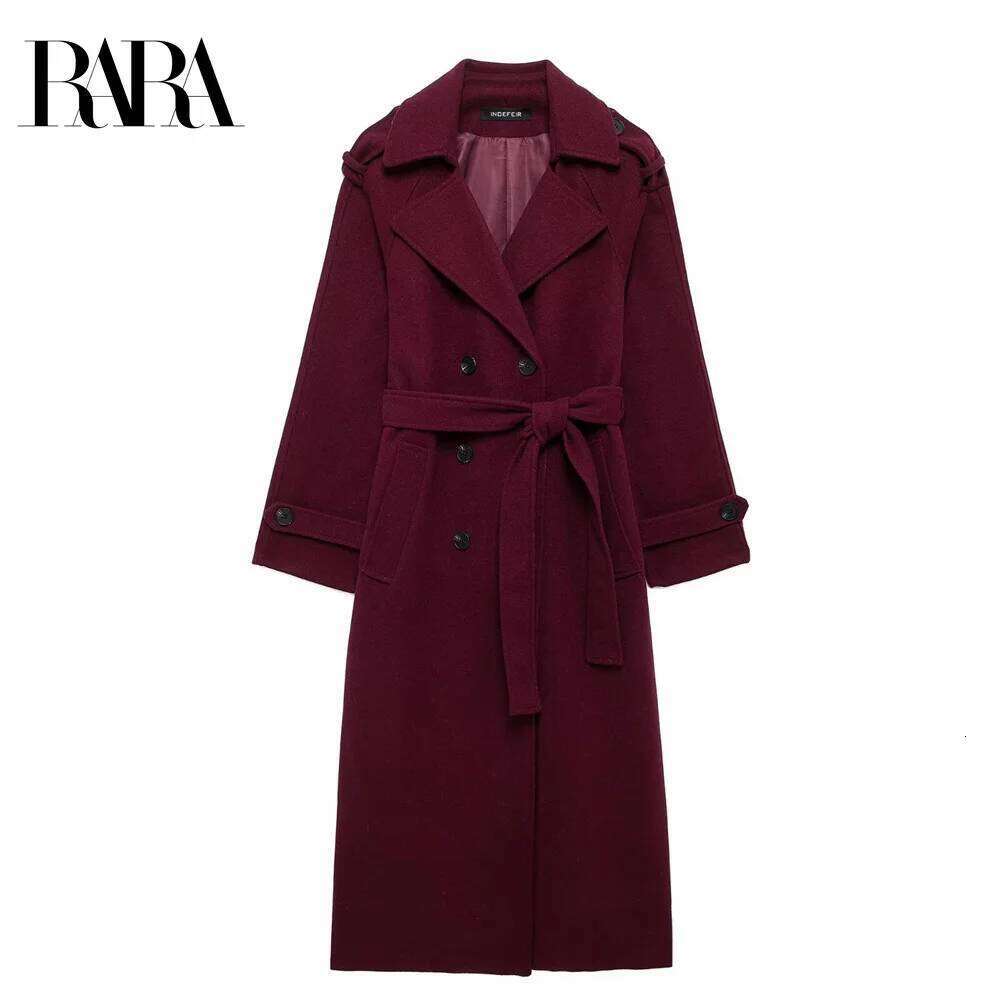 2025 RARA Spring New Women's Fashion Classic Double breasted Skinny Belt Decorative Woolen Coat