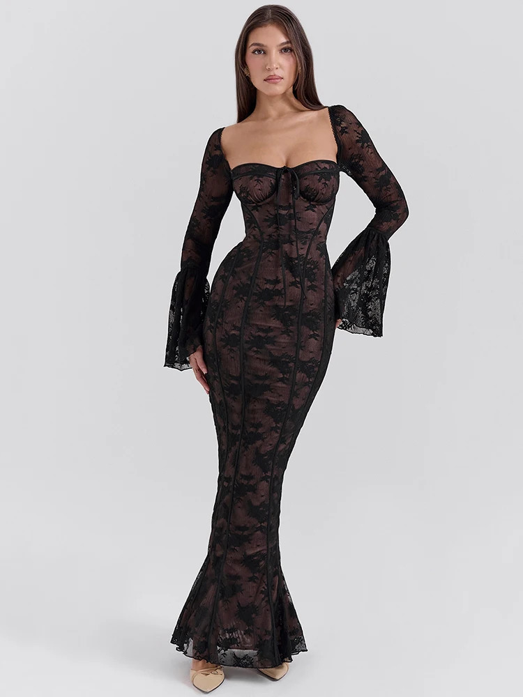 Mozision Lace Print Long Flare Sleeve Sexy Maxi Dress For Women Fashion Square Collar Backless Bodycon Club Party Sexy Dress250616