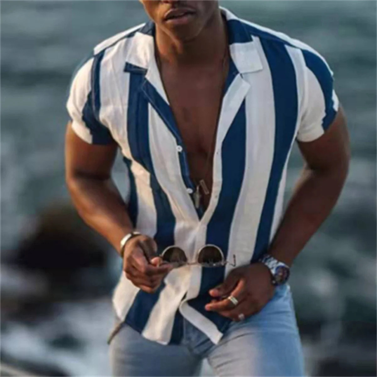 Mens spring and summer leisure fashion lapel short sleeve cardigan personalized striped printed shirt 250616