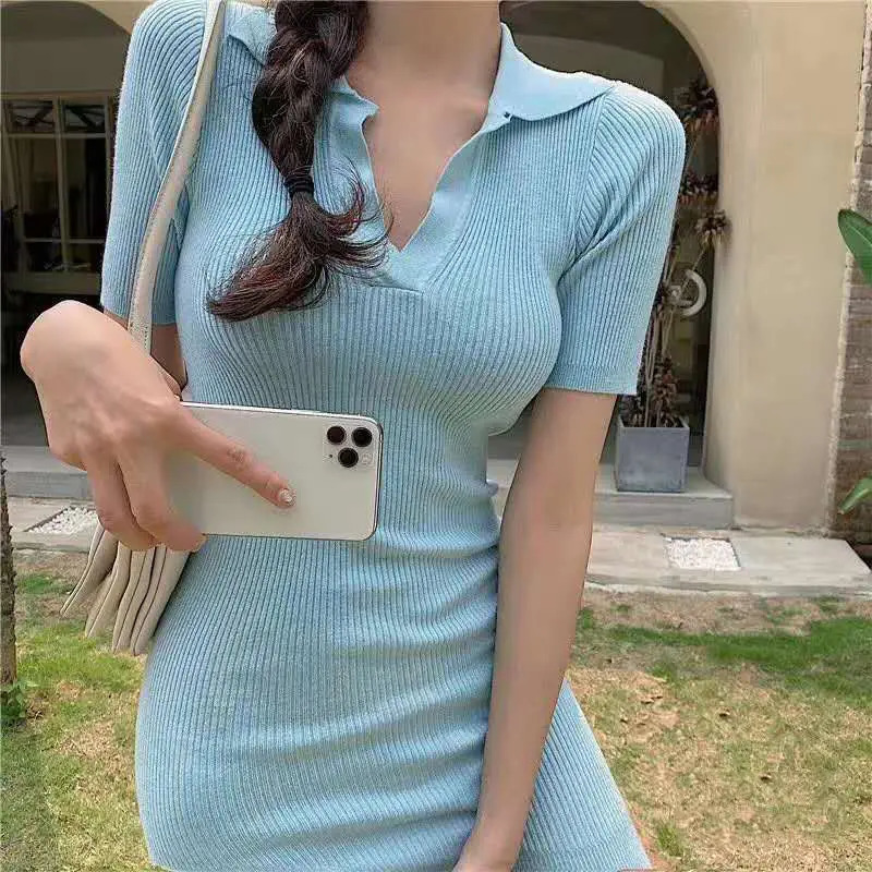 Knit Womens Shirt Dress Fashion Tunics for Women Short Korean Style Crochet Summer Dresses Trend Cotton Mini Elegant Sexy 250617