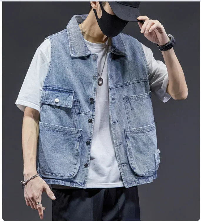 Summer Mens Fashion Denim Vest - Sleevless Solid Jacket with Utility Pockets and Shoulder Straps 250617
