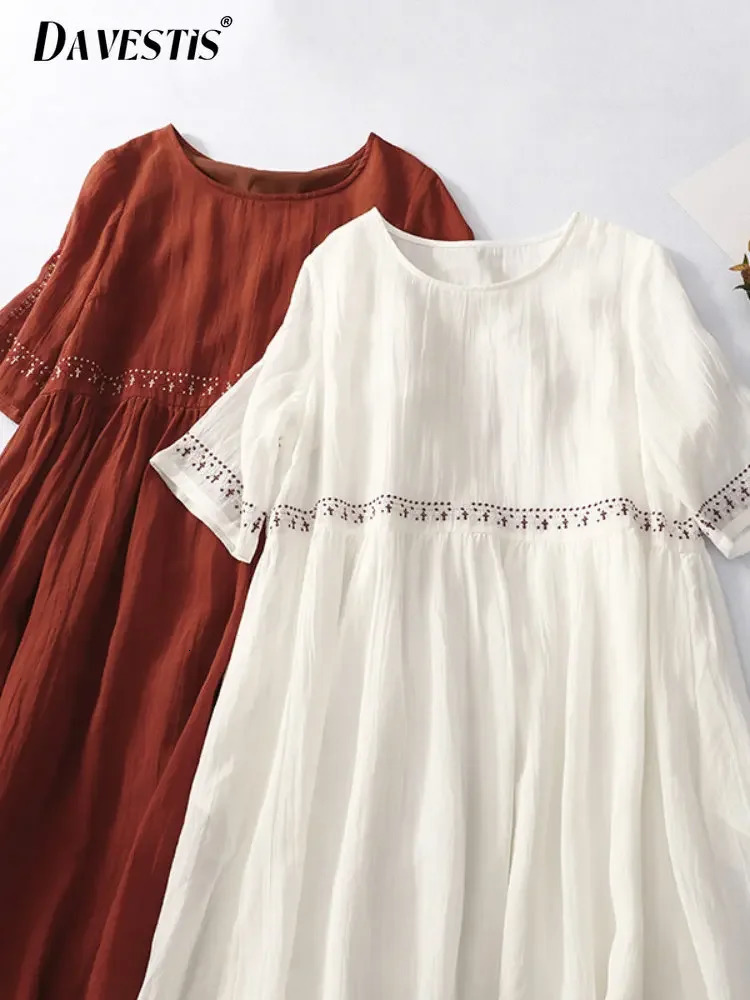 Retro Cotton Linen Dress Womens Summer Loose Breathable Embroidery Dresses for Womens Round Neck Casual Dress 250614